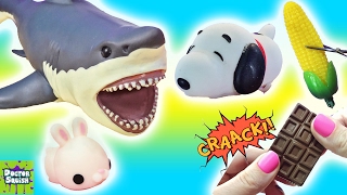 What's Inside Squishy Shark Toys! Snoopy Squishy! Cracking Chocolate Ocean Goo Slime