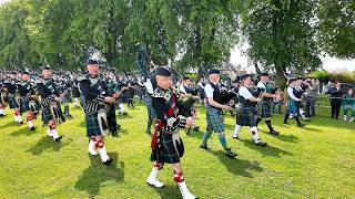 Drum Majors lead Pipes and Drums playing Scotland the Brave opening  2025 Oldmeldrum Highland Games