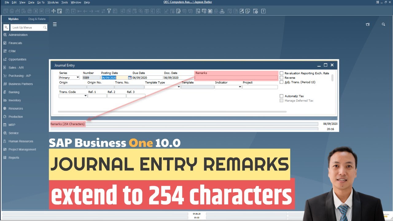 Journal Entry Remarks Sampai 254 Karakter di SAP Business One 10.0 ...