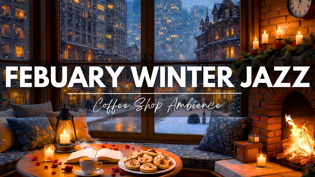 Febuary Winter Night at Coffee Shop Ambience ❄️ Warm Jazz Music & Fireplace for Relaxing Moments