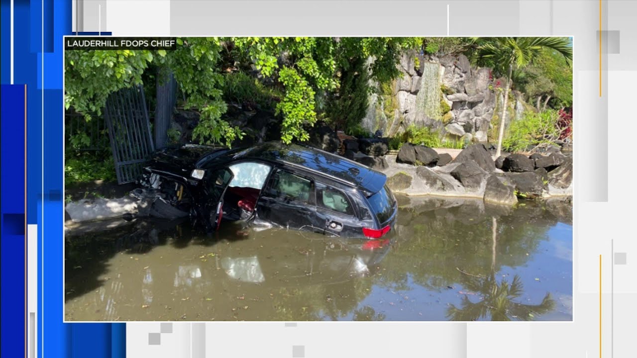 Car ends up in pond after crash in Lauderhill - YouTube