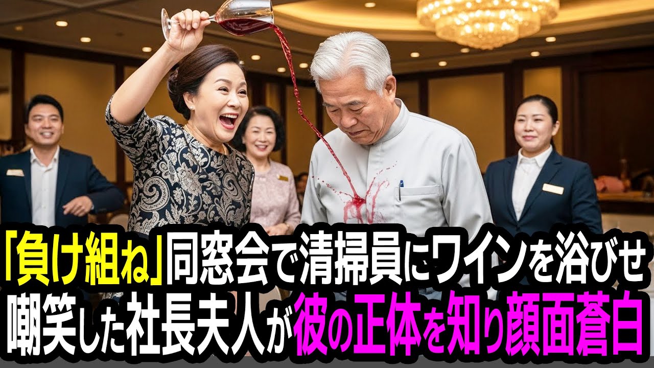 同窓会で清掃員の格好をした男を「人生の敗北者」と嘲笑う社長夫人とその取り巻き。終宴後、男の前に止まった黒塗りの車を見て膝から崩れ落ちた…