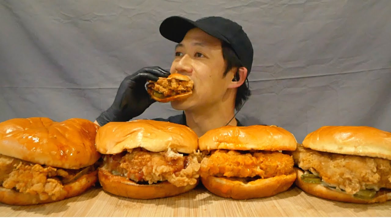 KFC's CRISPY FRIED CHICKEN SANDWHICH IN EVERY FLAVOR {ASMR} MUKBANG REALSOUNDS