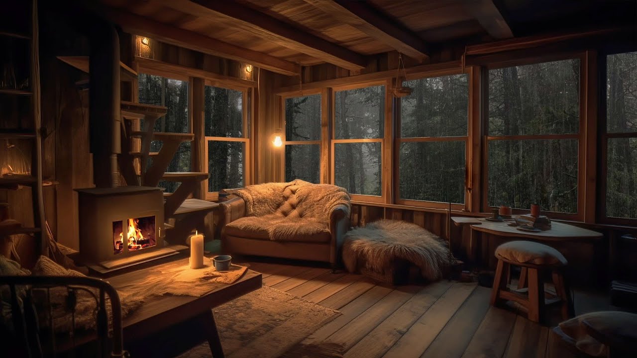 Cozy Treehouse | Rain Sounds, Thunder & Crackling Fireplace for Sleep ...