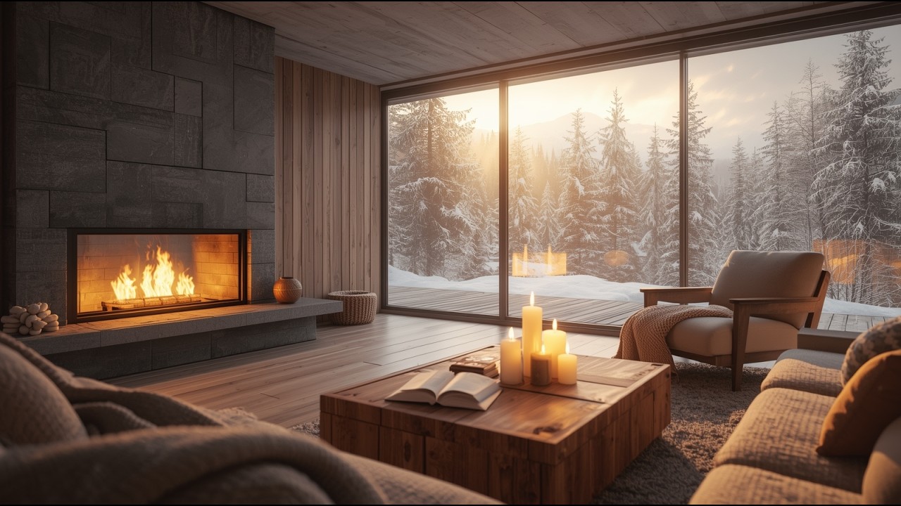 Snowy On Window & Fireplace Crackles in Cozy Living Room Ambience ❄️Gentle Piano for Calm and Relax
