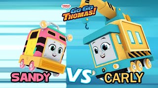 Sandy Vs Carly Pink Rail Speeder Vs The Yellow Crane - Thomas & Friends Go Go Thomas