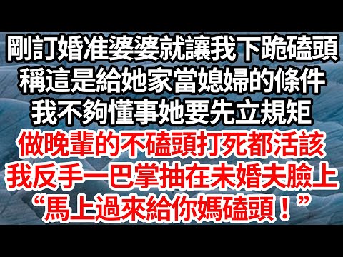 剛訂婚准婆婆就讓我下跪磕頭，稱這是給她家當媳婦的條件，我不夠懂事她要先立規矩，做晚輩的不磕頭打死都活該，我反手一巴掌抽在未婚夫臉上，"馬上過來給你媽磕頭！"【倫理】【都市】