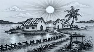 Easy River Scenery Drawing | Beautiful Village Pencil Sketch Tutorial step by step for beginners