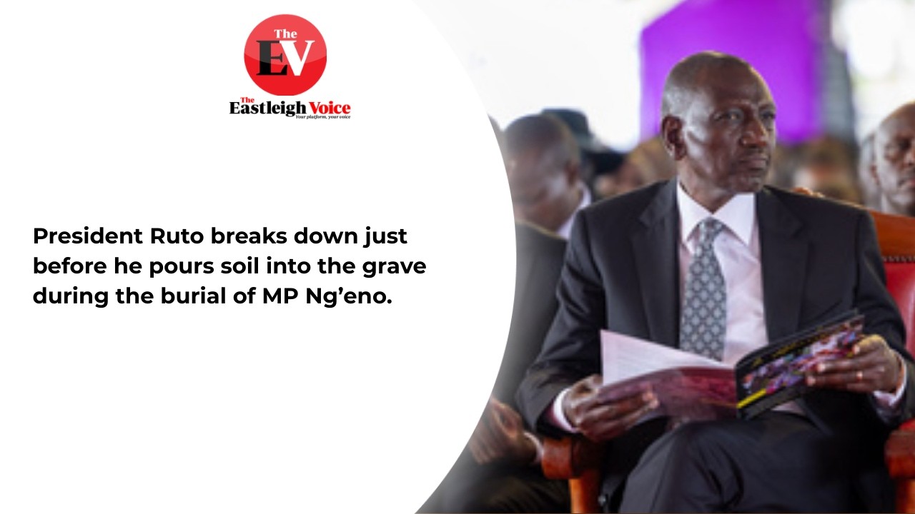 President Ruto breaks down just before he pours soil into the grave during the burial of MP Ng’eno.