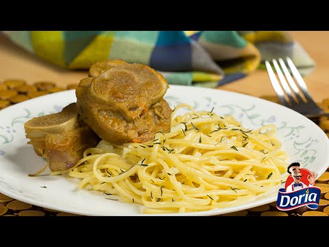 Estofado de osobucco de res con Spaghetti Doria a la crema