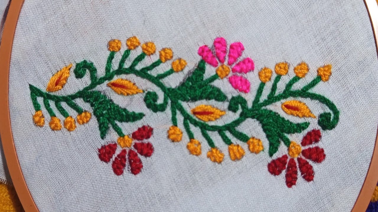 মাল্টি কালার সুতা দিয়ে লতানো ডিজাইন এমব্রয়ডারি। hand embroidery flower design//#handembroidery 
