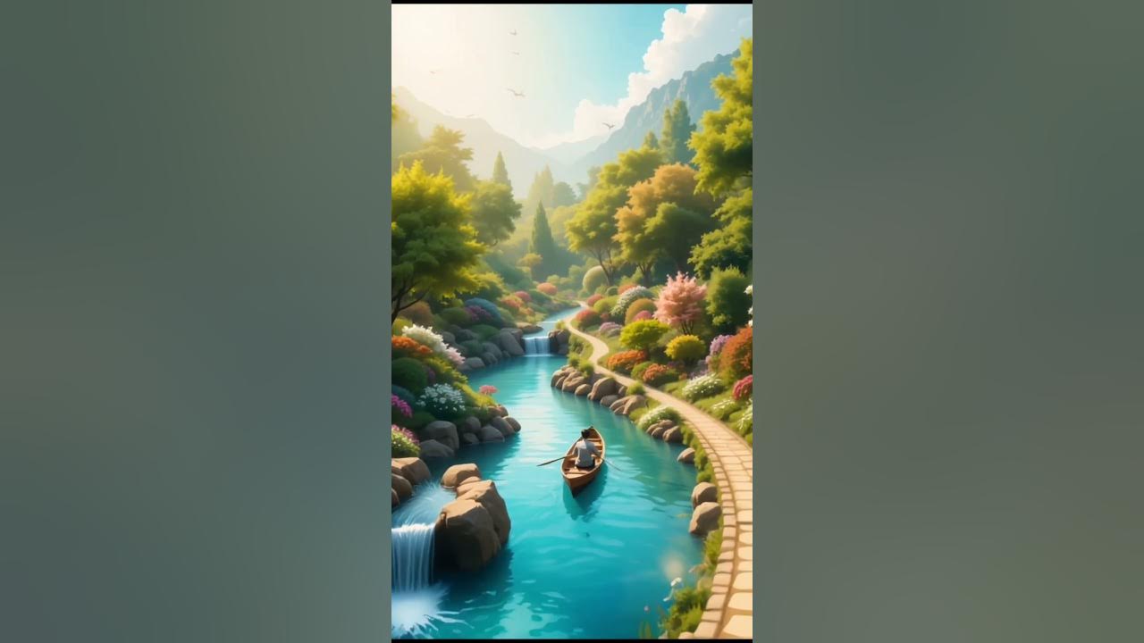 Serene Landscape With Turquoise River And Colorful Flowers Serene Landscape With Turquoise River And Colorful Flowers
