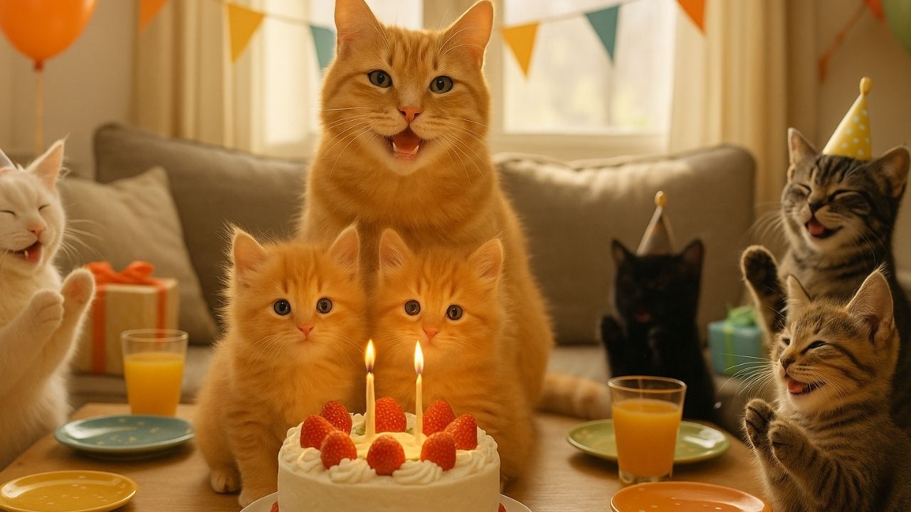 Ginger Mama Cat With The Cutest Birthday Party for Her Orange Kittens! 🎂🐾
