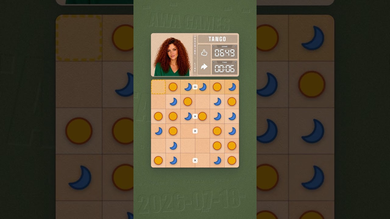 LinkedIn Tango #649 solved board for July 18, 2026, 6x6 grid