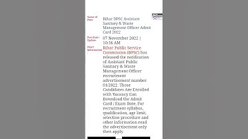 Bihar BPSC Assistant Sanitary & Waste Management Officer Admit Card 2022