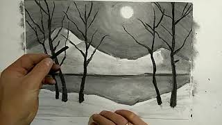 видео: Урок рисования углём. Зимний пейзаж. картинка: Урок рисования углём. Зимний пейзаж.