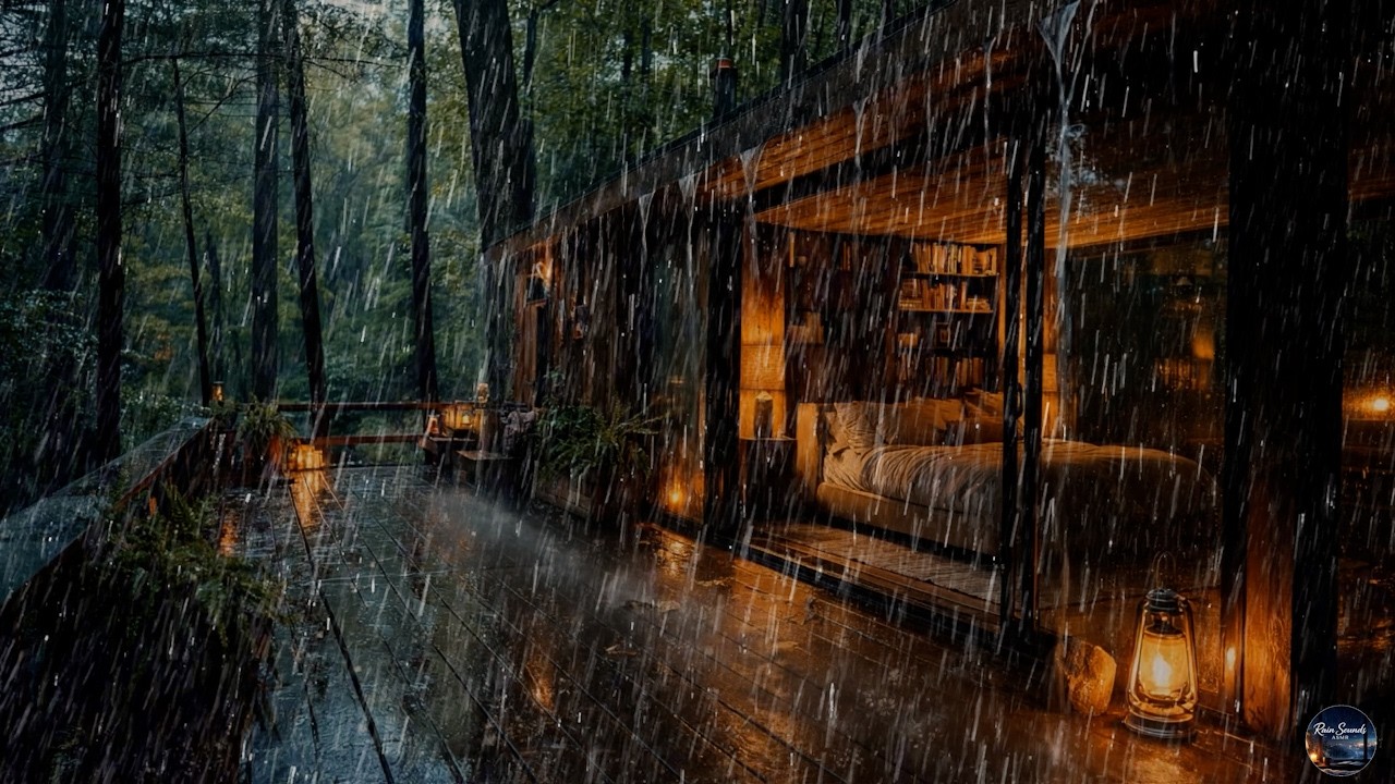 Rain Falling by a Forest Cabin at Night 🌙 Natural Sounds for Deep ...