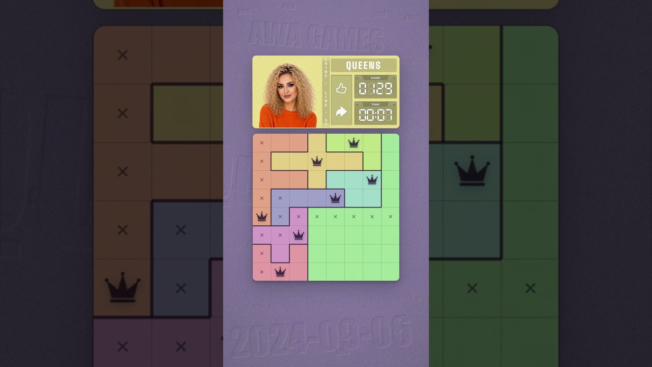 LinkedIn Queens #129 solved board for September 6, 2024, 8x8 grid