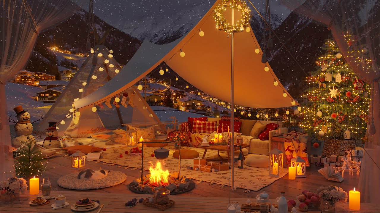 Snow Falling Outdoor at Cozy Christmas Tent Ambience 2025 🎄🎅 Christmas Jazz with Warm Fire for Relax