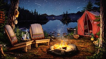 Campfire by the Lake Ambience with Crickets, Owls, Water, & Night Sounds for Relaxation & Sleep