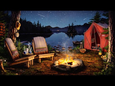 Campfire by the Lake Ambience with Crickets, Owls, Water, & Night Sounds for Relaxation & Sleep