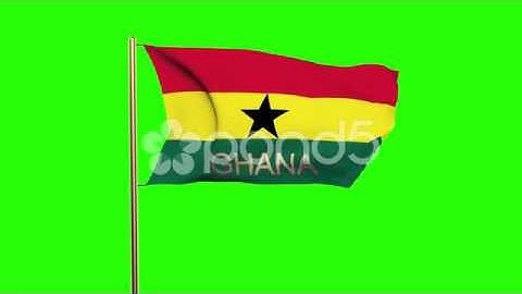 Ghana Flag With Title Waving In The Wind. Looping Sun Rises Style. Animation