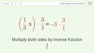 Solve 1/3x-9=-12: Linear Equation Video Solution | Tiger Algebra