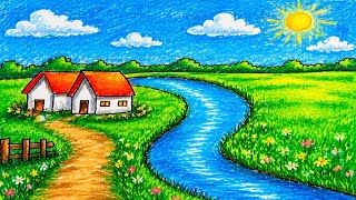 How to draw easy scenery drawing||Beautiful village landscape scenery step by step||Oil Pastels 