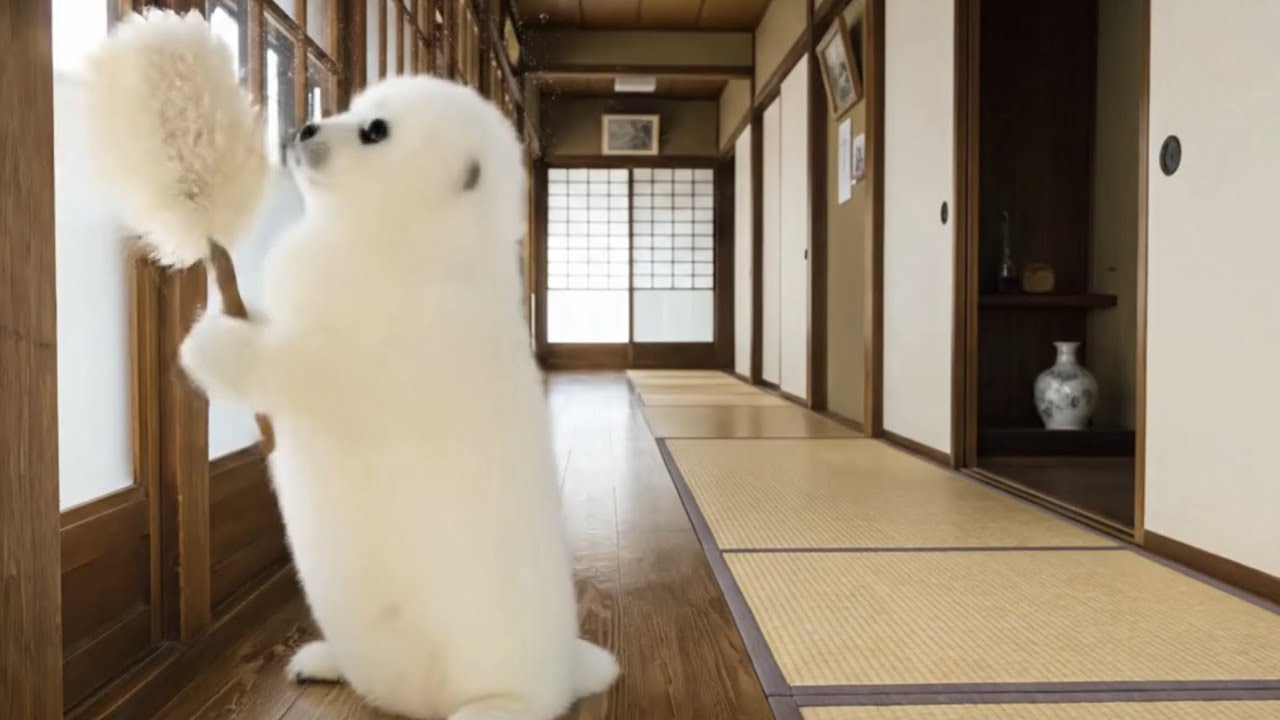 【AI】赤ちゃんアザラシのもち（Mochi）の年末大掃除 🧹🦭Baby Seal Year-End Cleaning 