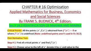 Ch 16 Ex16.2 Optimization: First and Second Derivative Test Business Math-II Frank Budnick