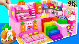 How To Make Pink Bunny House with Bunk Bed, Rainbow Stairs from Polymer Clay ❤ DIY Miniature House
