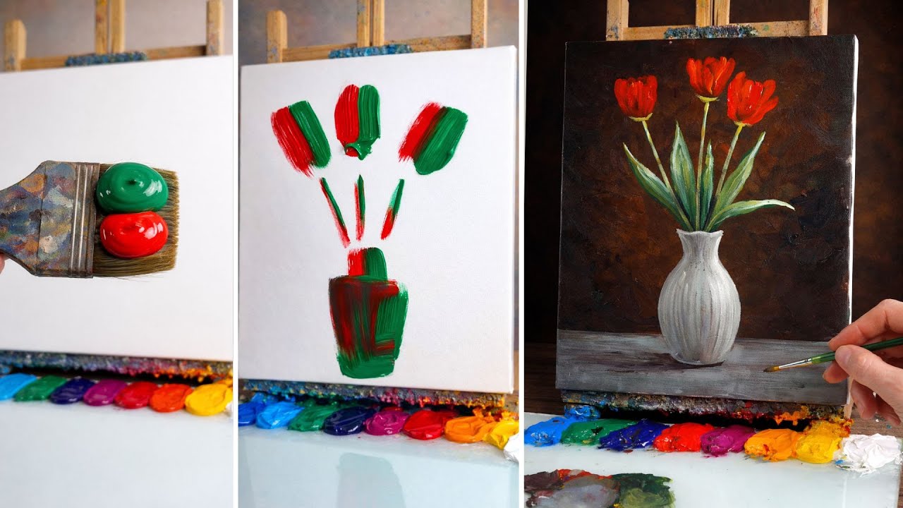 Red Tulip Acrylic Painting | Easy Acrylic Flower Painting Tutorial for Beginners 