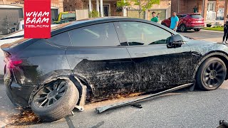 Woman Flees Police After Crashing Into Tesla