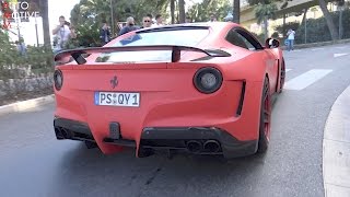 This video features the ferrari f12berlinetta driving in monaco during
top marques. you see some ones which are stock, a yellow f12tdf and
matte red novite...