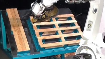 Wood Pallet Nailing Machine Working with PLC Program Control Robots Arm Saving Labor