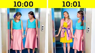 Girls cut their dress in the elevator 😱 || Transform outfit anywhere & anytime 👗