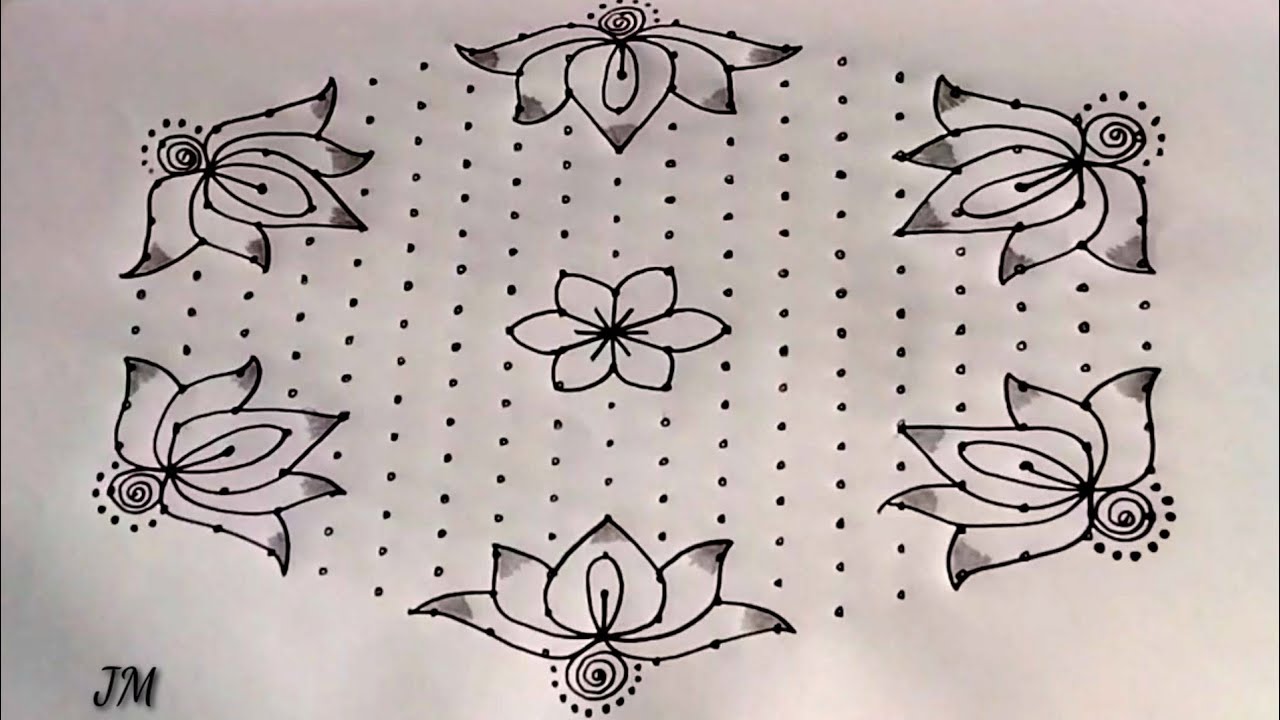 19*10 dots rangoli|beautiful flowers and shanku rangoli|simple and latest design|BY JM CREATIONS