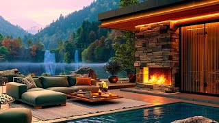 Smooth Jazz Piano Music for Study, Focus  Cozy Spring Lakeside Porch with Relaxing Fireplace Sounds