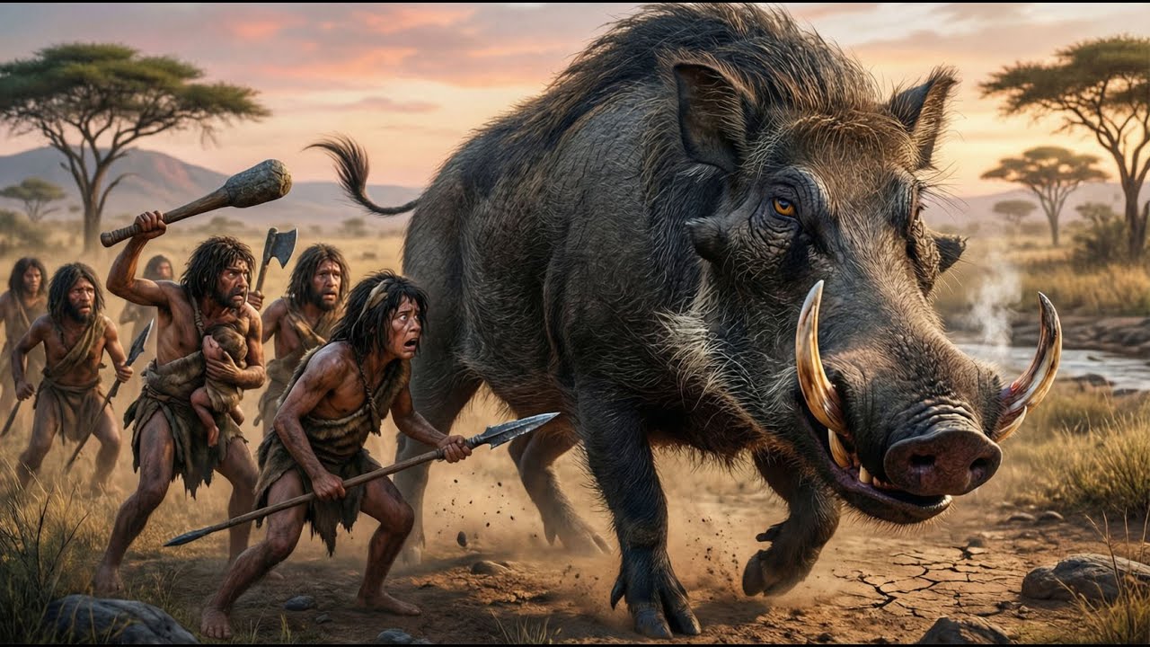 Life  millions of years ago | A Group of Homo habilis man clashes witha GiantSaber-toothed wild boar