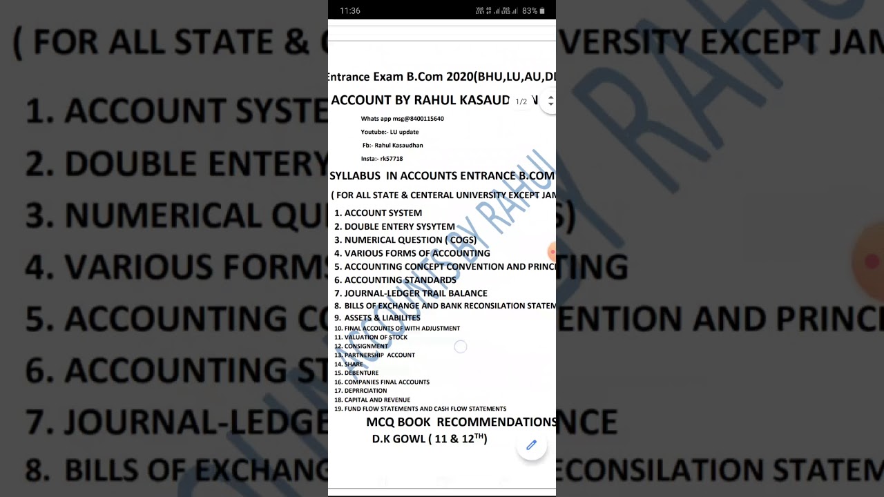 B.Com Entrance Exam Account Sallybus 2020(Bhu, Au,lu,Ddu, Amu)