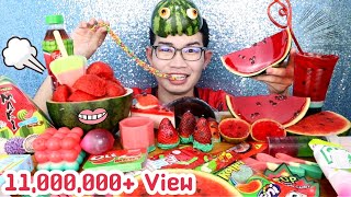 แตงโมเคลือบน้ำตาล เยลลี่แตงโมจิ๋ว แก้วกินได้ โมจิแตงโม ไอติม #Mukbang Watermelon Food Dessert:ขันติ