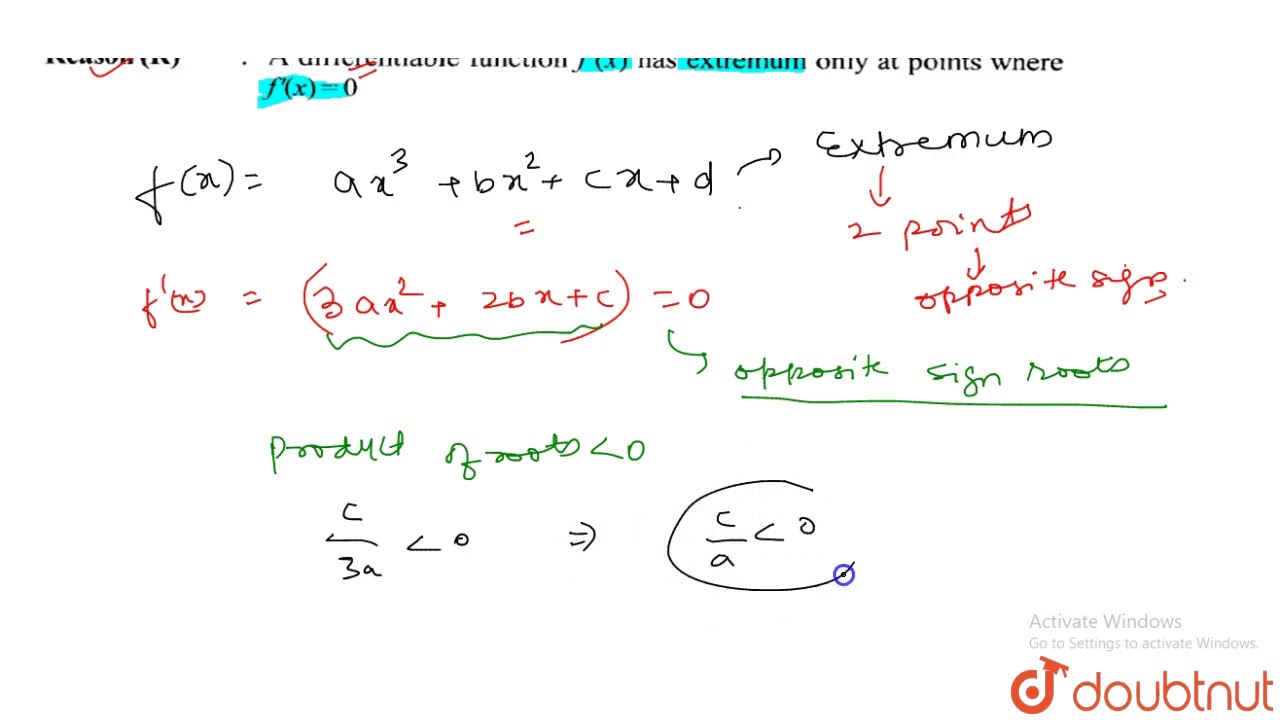Let F X Ax 3 Bx 2 Cx D 0 Have Extremum Of Two Different Points Of Opposite Signsassertion A Youtube