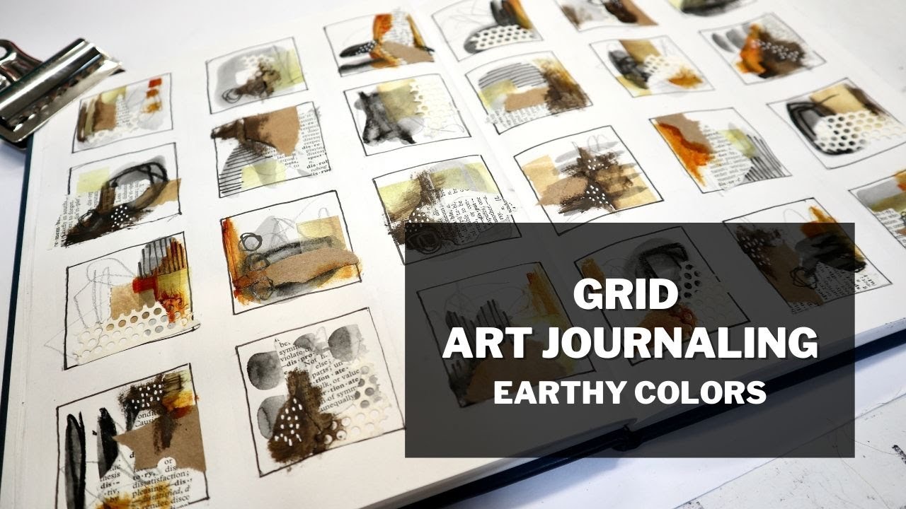 Create with me! Mixed Media Art - earth tones grid journal spread 