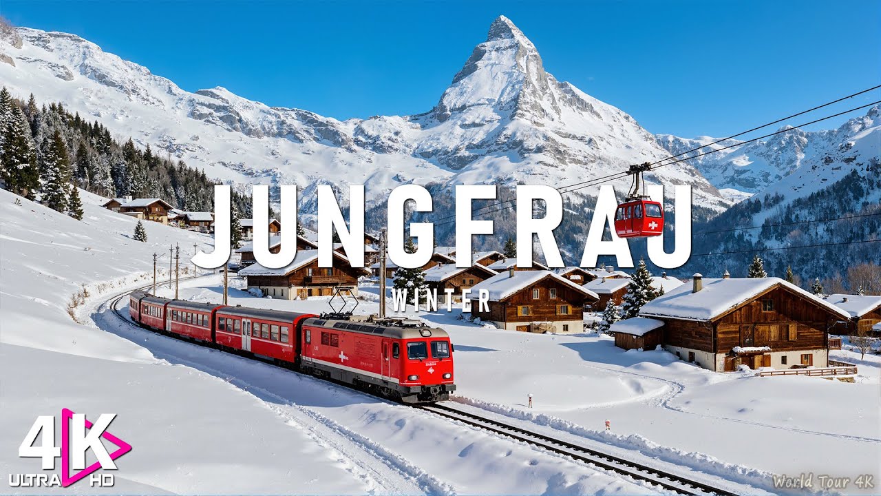 Jungfrau Winter 4K - Icy Summits, White Valleys & Pure Mountain Calm | Soothing Music