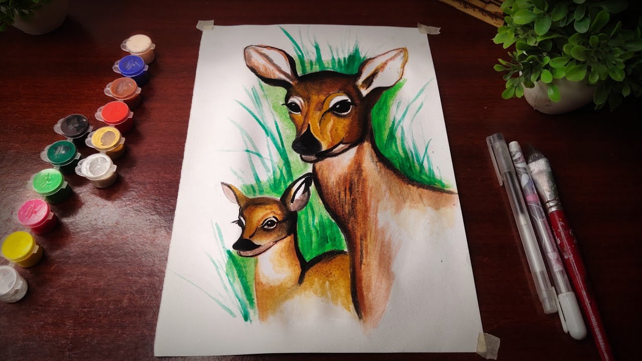 Mother deer and cute baby deer water colour painting 🎨/ Free hand water colour painting/ Animal art/