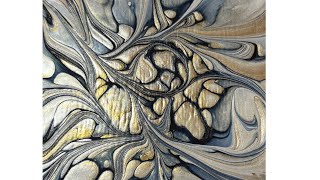 Gold, Silver and Prussian Blue, Bloom Technique, Acrylic Paint Pouring (1681)