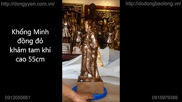 Tượng Khổng Minh bằng đồng đỏ khảm tam khí cao 55cm | Đồ đồng Bảo Long