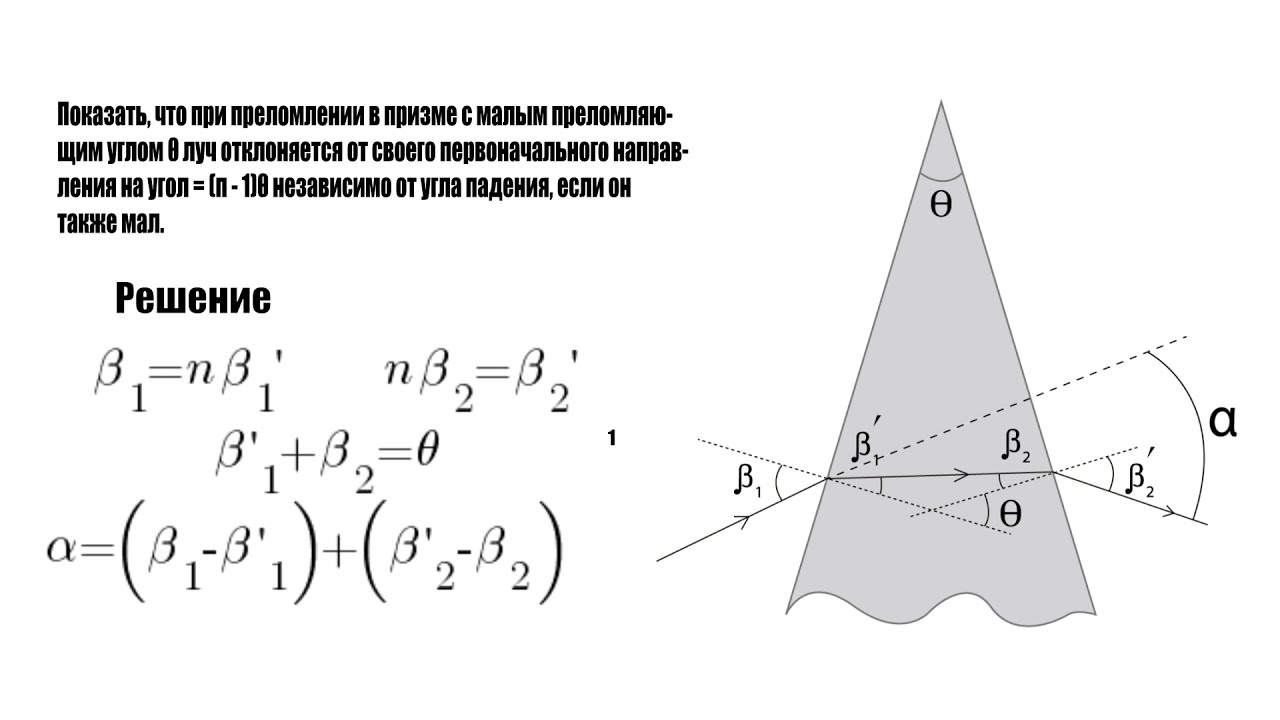 На какой угол отклонится. Угол отклонения луча призмой. Угол наименьшего отклонения в призме. Призма с малым преломляющим углом. Найдите угол отклонения луча прошедшего через систему.