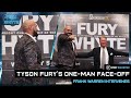 "Shall we do the face-off then?" 😅 Tyson Fury squares off against no-one at Whyte presser.