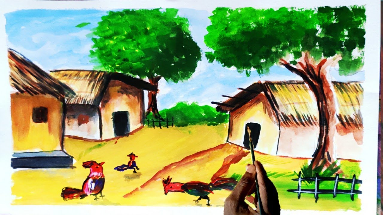 Indian village scenery drawing// painting with watercolour by chiru's art